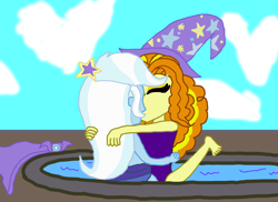 Size: 2000x1454 | Tagged: safe, artist:ktd1993, derpibooru import, adagio dazzle, trixie, equestria girls, female, hot tub, kissing, lesbian, make out, shipping, total drama, total drama island, triagio