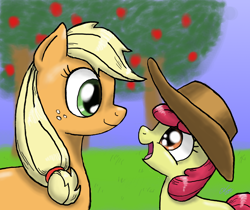 Size: 1630x1366 | Tagged: safe, artist:sakaerion, apple bloom, applejack, earth pony, pony, accessory swap, hat