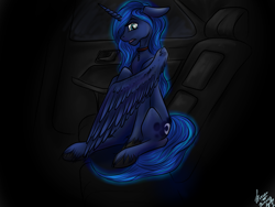 Size: 1600x1200 | Tagged: safe, artist:iwoo34enn, artist:stirren, princess luna, alicorn, pony, car, collar, fanfic art, solo, unshorn fetlocks