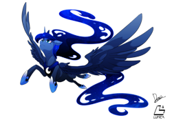 Size: 3507x2480 | Tagged: safe, artist:dormin-dim, princess luna, alicorn, pony, flying, simple background, solo, spread wings
