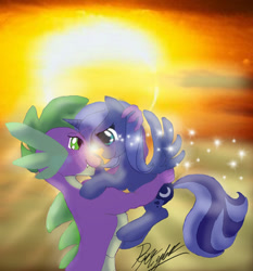 Size: 600x643 | Tagged: safe, artist:pen-mightier, princess luna, spike, alicorn, dragon, pony, adorable face, beside every great dragon there is a great moon, crack shipping, cute, fanfic art, female, hug, love, lunabetes, male, older, romance, s1 luna, shipping, spiluna, straight, sunset, teenage spike