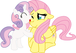 Size: 6001x4224 | Tagged: safe, artist:madmax, artist:mowza2k2, fluttershy, sweetie belle, pegasus, pony, unicorn, absurd resolution, duo, female, filly, flutterbelle, foal, licking, mare, simple background, transparent background, vector