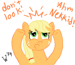 Size: 600x520 | Tagged: safe, artist:wolferahm, applejack, earth pony, pony, applejack wants her hat back, blonde, hatless, missing accessory, solo, we don't normally wear clothes