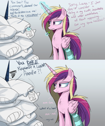 Size: 1700x2048 | Tagged: safe, artist:ncmares, princess cadance, princess luna, alicorn, pony, ask majesty incarnate, candy, clothes, dialogue, female, levitation, lollipop, magic, mare, messy mane, pillow, rest in peace, socks, striped socks, telekinesis