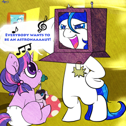 Size: 1500x1500 | Tagged: safe, artist:arnachy, shining armor, smarty pants, twilight sparkle, pony, unicorn, astronaut, baby, baby pony, babylight sparkle, bipedal, colt, diaper, filly, foal, pacifier, royal republic, singing