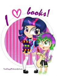 Size: 480x640 | Tagged: safe, artist:tinacrazy29, spike, twilight sparkle, human, book, clothes, horned humanization, humanized, tailed humanization, that pony sure does love books, thigh highs