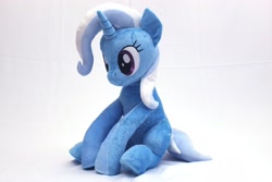 Size: 3000x2000 | Tagged: safe, artist:nekokevin, derpibooru import, trixie, pony, unicorn, cute, diatrixes, female, irl, mare, photo, plushie, simple background, sitting, smiling, solo, underhoof, watermark, white background