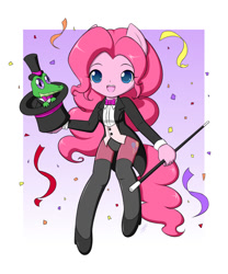 Size: 1000x1200 | Tagged: safe, artist:jdan-s, gummy, pinkie pie, anthro, ambiguous facial structure, clothes, hat, magician outfit, pantyhose, stockings, thigh highs, top hat, tuxedo