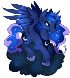Size: 596x658 | Tagged: dead source, safe, artist:juvialle, princess luna, alicorn, pony, luna eclipsed, cloud, commission, cutie mark, female, hooves, horn, lying down, lying on a cloud, mare, on a cloud, prone, simple background, solo, spread wings, transparent background, wings