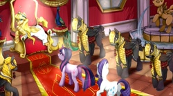 Size: 1201x667 | Tagged: safe, artist:mr-tiaa, derpibooru import, rarity, twilight sparkle, oc, oc:emira cloudia, earth pony, peacock, pony, unicorn, armor, byzantine empire, byzantines, cataphract, cavalry, clothes, female, male, mare, plot, plot pair, stallion, throne