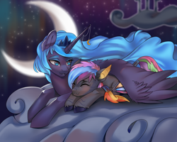 Size: 2500x2000 | Tagged: safe, artist:santagiera, princess luna, oc, oc:prismatic shard, bat pony, pony, cloud, crescent moon, cute, cute little fangs, duo, female, filly, maternaluna, moon, sleeping, transparent moon, wing blanket