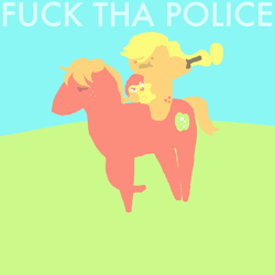 Size: 800x800 | Tagged: safe, artist:netherlips, apple bloom, applejack, big macintosh, earth pony, pony, fuck the police, gun, male, ponies riding ponies, stallion, vulgar