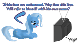 Size: 744x418 | Tagged: safe, artist:wingwind, derpibooru import, trixie, pony, unicorn, putting your hoof down, female, hypocritical humor, mare, solo, television