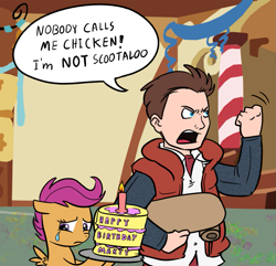 Size: 987x950 | Tagged: safe, artist:madmax, scootaloo, human, abuse, artifact, back to the future, crossover, crying, marty mcfly, sad, scootabuse, scootachicken, scootaloo is not a chicken