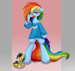 Size: 2100x2000 | Tagged: dead source, safe, artist:grumblepluck, daring do, rainbow dash, pegasus, pony, bipedal, bottomless, chest fluff, clothes, high res, morning ponies, plushie, shirt, sleepy, tired