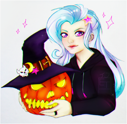 Size: 3324x3240 | Tagged: dead source, safe, artist:slyblue7, derpibooru import, trixie, human, humanized, jack-o-lantern, nightmare night, pumpkin, solo