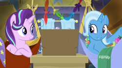 Size: 1920x1080 | Tagged: safe, derpibooru import, screencap, starlight glimmer, trixie, pony, unicorn, road to friendship, discovery family logo, duo, female, hammock, mare, trixie's wagon