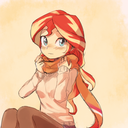 Size: 1000x1000 | Tagged: dead source, safe, artist:baekgup, sunset shimmer, equestria girls, blushing, clothes, cute, daaaaaaaaaaaw, female, hnnng, looking at you, scarf, shimmerbetes, sitting, solo, stockings, sweater, thigh highs, weapons-grade cute