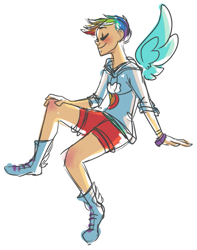 Size: 601x761 | Tagged: safe, artist:snarkies, rainbow dash, clothes, female, humanized, multicolored hair, winged humanization