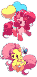 Size: 788x1600 | Tagged: safe, artist:sugaryrainbow, fluttershy, pinkie pie, butterfly, earth pony, pegasus, pony, balloon, chibi, dot eyes, duo, female, looking at you, mare, outline, simple background, smiling, spread wings, stray strand, transparent background, white outline, wings