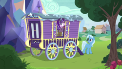 Size: 1280x720 | Tagged: safe, derpibooru import, screencap, starlight glimmer, trixie, pony, unicorn, road to friendship, duo, female, mare, smokelight glimmer, soot, trixie's wagon, wagon