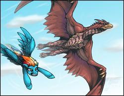 Size: 900x697 | Tagged: safe, artist:almightyrayzilla, rainbow dash, kaiju, pegasus, pony, crossover, godzilla (series), race, rodan, unshorn fetlocks