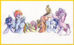 Size: 722x435 | Tagged: safe, artist:busoni, derpibooru import, applejack, fluttershy, pinkie pie, rainbow dash, rarity, twilight sparkle, earth pony, pegasus, pony, unicorn, mane six, painting