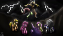 Size: 2000x1147 | Tagged: safe, artist:devorer, derpibooru import, applejack, discord, fluttershy, pinkie pie, rarity, tom, twilight sparkle, earth pony, pegasus, pony, unicorn, discorded, flutterbitch, liarjack