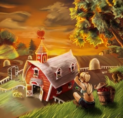 Size: 3200x3072 | Tagged: safe, artist:dozer, applejack, barn, high res, humanized, scenery, solo, sunset, sweet apple acres, tan lines