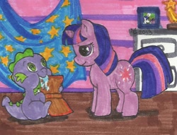 Size: 652x499 | Tagged: safe, artist:gaurdian-of-dreamers, shining armor, spike, twilight sparkle, dragon, pony, unicorn, baby spike, filly twilight sparkle, traditional art