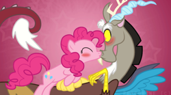 Size: 692x386 | Tagged: safe, artist:ponifiedperegrine, discord, pinkie pie, earth pony, pony, blushing, discopie, female, kissing, male, shipping, straight