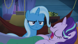 Size: 1920x1080 | Tagged: safe, derpibooru import, screencap, trixie, pony, unicorn, road to friendship, angry, annoyed, bags under eyes, duo, female, hammock, mare, sleeping, snorelight glimmer, snoring, tired, trixie is not amused, trixie's wagon, unamused