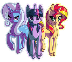 Size: 550x470 | Tagged: safe, artist:tami-kitten, derpibooru import, sunset shimmer, trixie, twilight sparkle, twilight sparkle (alicorn), alicorn, pony, unicorn, counterparts, magical trio, simple background, smiling, transparent background, twilight's counterparts