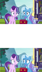 Size: 1920x3240 | Tagged: safe, derpibooru import, screencap, starlight glimmer, trixie, pony, unicorn, road to friendship, chest, discovery family logo, duo, embarrassed, exploitable meme, eye contact, female, looking at each other, mare, meme, trixie's wagon, weirded out, wide eyes