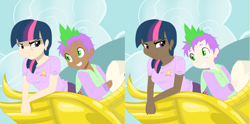 Size: 2562x1274 | Tagged: safe, artist:animecreator, derpibooru import, spike, twilight sparkle, friendship is magic, comparison, humanized, scene interpretation