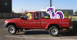 Size: 669x350 | Tagged: safe, applejack, applejack truck, cardboard twilight, irl, photo, ponies in real life, truck