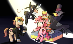 Size: 1280x768 | Tagged: safe, artist:karzahnii, donut joe, gustave le grande, mulia mild, pinkie pie, earth pony, griffon, mule, pony, unicorn, mmmystery on the friendship express, bowtie, cape, clothes, con mane, female, hat, katana, male, mare, ninja, secret agent, stallion, sword, top hat, tuxedo, weapon