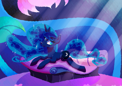 Size: 877x620 | Tagged: safe, artist:thisis913, princess luna, alicorn, pony, do princesses dream of magic sheep, bed, flower, looking at you, morning ponies, prone, solo