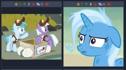 Size: 492x276 | Tagged: safe, derpibooru import, screencap, appointed rounds, rainy day, trixie, pegasus, pony, unicorn, road to friendship, derpibooru, female, juxtaposition, juxtaposition win, mail, mailmare, mare, meme, messy mane, meta