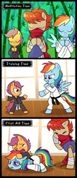 Size: 1006x2300 | Tagged: safe, artist:madmax, rainbow dash, scootaloo, pegasus, pony, black belt, black eye, comic, crying, defeated, derp, facehoof, meditation, ponified, rainbow derp, strider hiryu