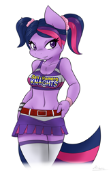 Size: 1222x1877 | Tagged: safe, artist:ambris, twilight sparkle, anthro, belly button, cheerleader, clothes, cosplay, juliet starling, lollipop chainsaw, midriff, missing horn, multiple variants, pigtails, skirt, solo, thigh highs, voice actor joke, zettai ryouiki