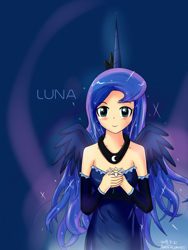 Size: 1200x1600 | Tagged: safe, artist:vanillafox2035, princess luna, human, clothes, flower, horned humanization, humanized, solo, winged humanization