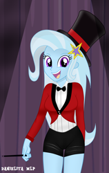 Size: 1024x1625 | Tagged: safe, artist:danielitamlp, derpibooru import, trixie, equestria girls, clothes, cute, diatrixes, female, hat, looking at you, magician outfit, open mouth, shorts, smiling, solo, stage, suit, top hat, tuxedo, wand