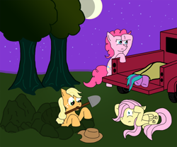 Size: 1200x1000 | Tagged: safe, artist:wolferahm, applejack, fluttershy, pinkie pie, earth pony, pegasus, pony, corpse, dead, digging, female, implied murder, mare, moon, mouth hold, shovel, tree, truck