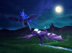 Size: 4720x3500 | Tagged: safe, artist:dalagar, princess luna, alicorn, dragon, pony, flying, moon, night