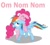 Size: 432x386 | Tagged: safe, artist:br0ny, edit, pinkie pie, rainbow dash, earth pony, pegasus, pony, female, image macro, lesbian, nom, pinkiedash, shipping