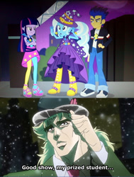 Size: 567x750 | Tagged: safe, derpibooru import, screencap, flash sentry, trixie, twilight sparkle, twilight sparkle (alicorn), alicorn, equestria girls, rainbow rocks, crossover, inconvenient trixie, jojo's bizarre adventure, meme, phantom blood, robert eo speedwagon, screencap comic, that's my x