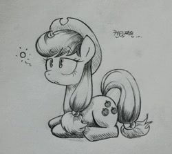 Size: 864x772 | Tagged: safe, artist:discommunicator, applejack, earth pony, pony, monochrome, prone, solo, tired