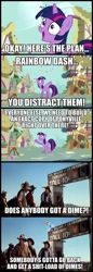 Size: 596x1742 | Tagged: safe, derpibooru import, edit, edited screencap, screencap, rainbow dash, twilight sparkle, unicorn twilight, parasprite, pegasus, pony, unicorn, swarm of the century, blazing saddles, comic, female, mare, ponyville, reference, screencap comic, vulgar