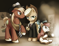 Size: 1100x860 | Tagged: safe, artist:gsphere, apple bloom, applejack, big macintosh, earth pony, pony, apple mafia, cigar, clothes, gun, hat, mafia, mafia applejack, male, necktie, stallion, suit, tommy gun